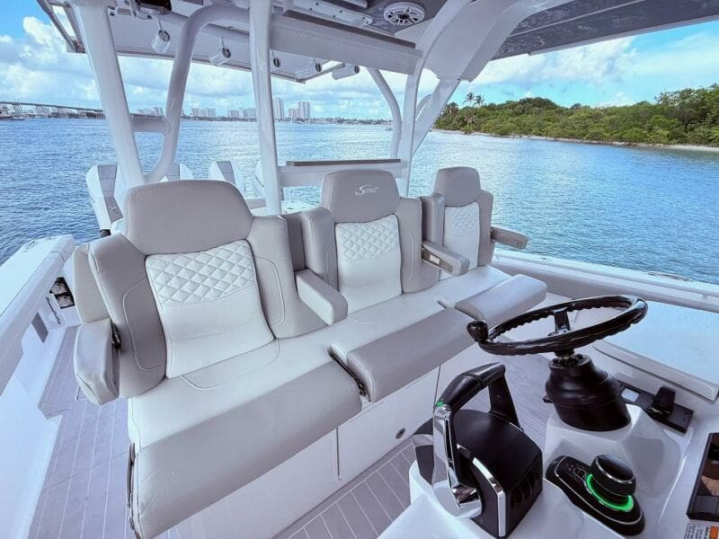 2024 Scout 400 LXF boat interior with luxurious seating and modern controls.