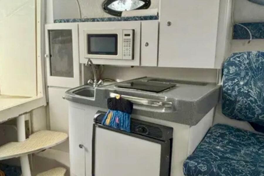 2002 Wellcraft 290 Coastal boat interior with kitchenette, microwave, and seating area.