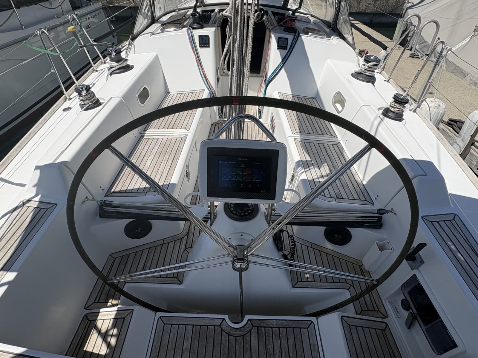 Helm with chartplotter, and compass
